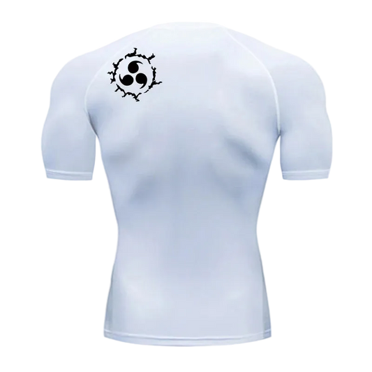 T-shirt de compression Naruto blanc à manches courtes, symbole du clan Uchiha dans le cou