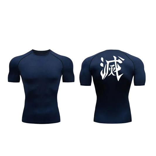 T-shirt de compression Demon Slayer bleu marine à manches courtes, kanji blanc dans le dos