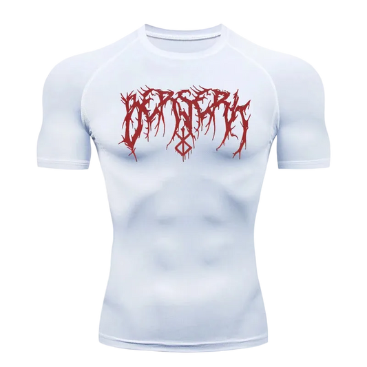 T-shirt de compression Berserk blanc à manches courtes, logo Berserk rouge sur la poitrine