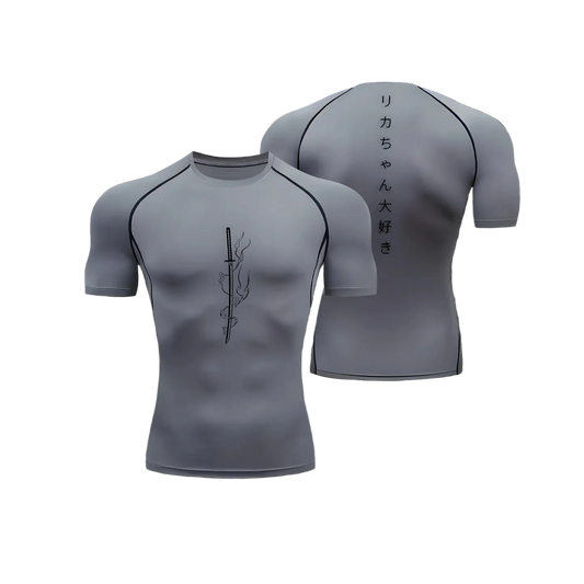T-shirt de compression Katana gris à manches courtes, sabre japonais imprimé dans le dos