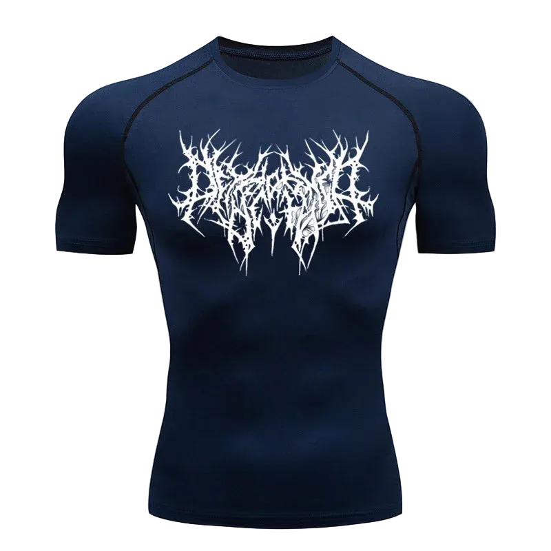 T-shirt de compression Lettrage gothique bleu marine – BatFit