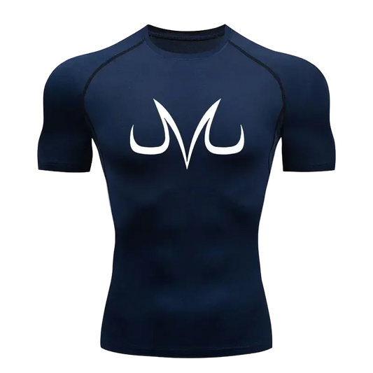 T-shirt de compression Dragon Ball Z bleu marine à manches courtes, symbole Majin blanc sur la poitrine