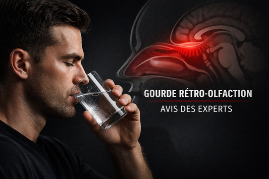 Personne buvant de l’eau avec sensation de goût via rétro-olfaction, concept d’hydratation sans sucre