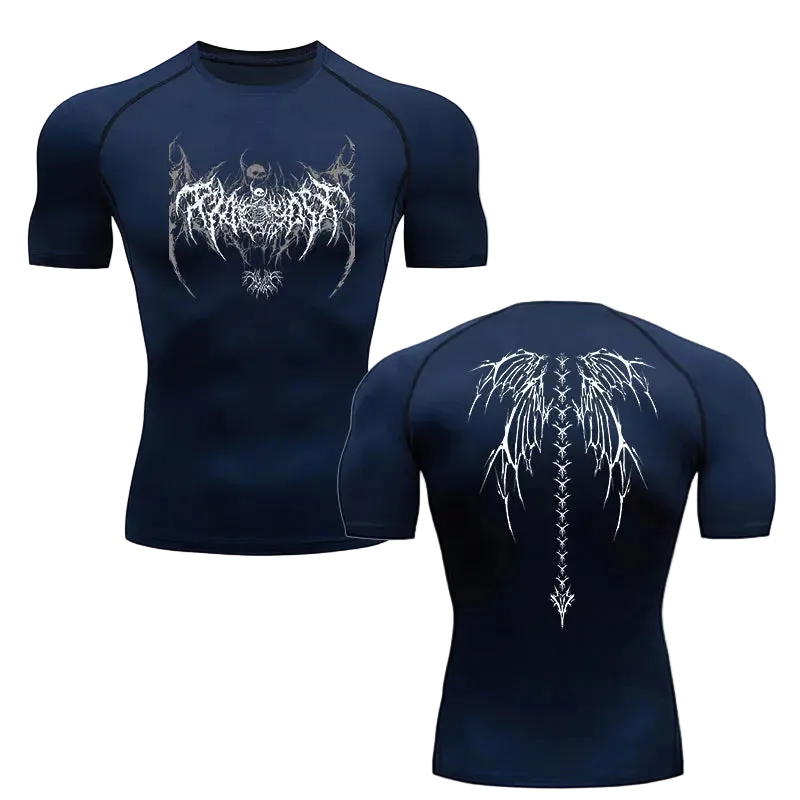 T-shirt de compression Ailes gothiques bleu marine ailes blanches – BatFit