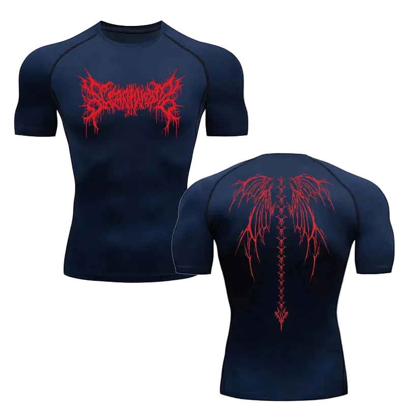 T-shirt de compression Ailes gothiques bleu marine ailes rouges – BatFit