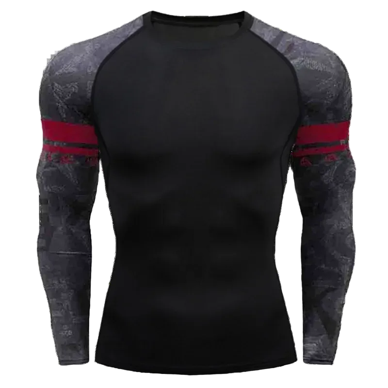 T-shirt de compression Manches tatouées manches grises bande rouge – BatFit